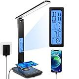 XIZDDL LED Desk Lamp with Wireless Charger, Suitable for Home, Office Dimmable, with USB Charging Port, Built-in Clock, Calendar, Thermometer and Automatic Timing Reading Desk Lamp.