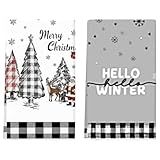 Puomue 2 Pack Christmas Kitchen Towels Dish Towels, 16 Inch X 26 Inch, Lint Free Winter Decoration Hand Towels for Home, Christmas Tree 4
