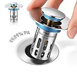 All Metal-Bathroom Sink Stopper, Pop Up Drain for Bathroom Sink, Sink Plug Hair Catcher, Silent Popper Core w/Removable Stainless Steel Filter Basket,Fit for 1.05~2.0''Basin (Chrome, 1 Pack)