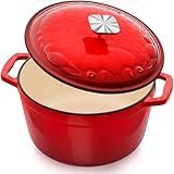 Enameled Cast Iron Dutch Oven - 5 Quart, Exclusive Designed Crab Lid, Oversized Knob, for Bread Baking Braiser Cooking - Red