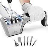 Longzon 4-in-1 Knife Sharpener [4 stage] with a Pair of Cut-Resistant Glove, Original Premium Polish Blades, Best Kitchen Knife Sharpener Really Works for Fruit Knife and Steel Knives, Scissors.