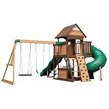 Backyard Discovery Cedar Cove Cedar Wood Swing Set with Spiral Tube Slide, Wave Slide, Clubhouse, Toy Grill, Snack Bar, Rock Wall, Belt Swings, Web Swing, Balcony, Chalkboard, Ladder, Outdoor Playset