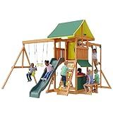 SunSwell Wooden Swing Sets for Backyard - Outdoor Playset with 8 FT Wave Slide, 2 Belt Swings, Play Deck, Monkey Bars, Rock Wall Ladder, Shaded Picnic Area, Snack Bar, Playground Sets,Green