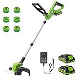 VARSK 20V String Trimmer Cordless, 12 Inch 2 in 1 Trimmer and Edger, Automatic Line Feed, Includes 2 X 2.0Ah Batteries/1 X Fast Charger/6 X Spare Spools, for Lawn, Garden, etc, Green