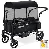 ELEMARA Stroller Wagon, 2 Seat Stroller for 2 Kids, Premium All Terrain Stroller for Kids w/Removable Canopy, Adjustable Push/Pull Handle, Large Storage Bag, Black