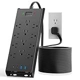 Surge Protector Power Strip 4800J, LeZone 10Ft Long Extension Cord Flat Plug, 12 Outlets 2 USB C 2 USB Ports, Wall Mountable, 20W Desk Charging Station, Black
