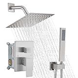 YCAIKOI Brushed Nickel Shower System, 8 Inch High Pressure Rain Shower with Handheld, Wall Mount Shower Faucet Set for Bathroom, Rough-in Valve Body and Trim Included