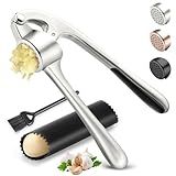 Kitchen Garlic Press, Rust Proof & Dishwasher Safe Garlic Mincer, Durable Garlic Crusher Set with Peeler＆Brush, Easy to Clean and Squeeze, Matte