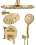Shower System with Pressure Balance Valve, 10" Ceiling Mount Shower Faucet Set with 2 Rain Shower Head And Multi-function Handheld Head Push Button Diverter Pressure Balancing Valve Kit, Brushed Gold