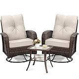 wildformers Luxury Outdoor Swivel Wicker Glider Patio Chairs with Table Set, Overstuffed Washable Cushions, Ideal for Porch, Balcony, Deck, Brown Rattan and Beige Cushion