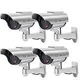 F FINDERS&CO Solar Powered Dummy Security Camera, Bullet Fake Surveillance System with Realistic Red Flashing Lights and Warning Sticker Indoor Outdoor (4, Silver)
