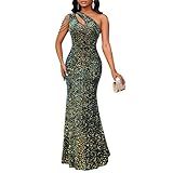 Cololura Sexy Elegant Sequin One Shoulder High Split Bodycon Formal Party Gowns Evening Maxi Dress