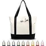 TOPDesign 1 | 3 | 6 | 30 Pack Canvas Tote Bag with an External Pocket, Reusable Grocery Shopping Bag, Top Zipper Closure, Daily Essentials (Black/Natural Pack of 1)