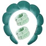 Luckybear Spa Headband for Washing Face, Velvet Makeup Headband, Bubble Skincare Head bands with Face Wash Wristbands Sponge Puff Head band for Women Skin Care - Green