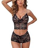 Lilosy Sexy Women Floral Lace Pajamas Lingerie Set High Waist Sheer Sleepwear See Through Nightwear Cami Shorts Bra and Panty 2 Piece Black Large