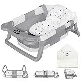 MoreFeel Collapsible Baby Bathtub for Newborn with Thermometer & 1 Hooded Towel & 1 Soft Floating Cushion,Portable Travel Bathtub with Drain Hole, Durable Foldable Baby Tubs for Infants to Toddler