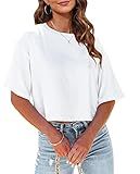 Tankaneo Women Half Sleeve Cropped T-Shirts Drop Shoulder Round Neck Crop Tops Casual Summer Solid Color Basic Tees