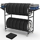 Neorexon Tire Storage Rack 44" x 44" x 18" w/Anti-dust Cover, Rolling Tire Rack Adjustable, Tire Rack for Garage Black w/4 Swivel Casters & 2 Storage Shelf for Garage Storage
