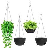 SQKH 8 Inch Hanging Planters for Indoor Outdoor Plants, 4 Pack Black Plastic Self Watering Hanging Baskets with Drainage Holes and Chain for Garden Porch