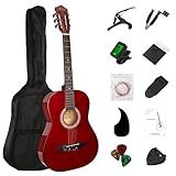 BESYOU 38in Beginner Acoustic Travel Guitar Basic Starter Kit Tuner Capo Strings Winders Strap Picks Pickguard with Gig Bag Starter Practice Guitar For Kids Teens Students Adults