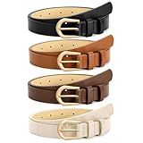 VONMELLI 4 Pack Womens Thin Leather Belt Skinny Waist Belts for Women Fashion Jeans Dress with Gold Buckle, Black Brown Coffee Beige, S