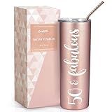 Onebttl 50th Birthday Gifts for Women, Female, Her - 50 and Fabulous - 20oz/590ml Stainless Steel Insulated Tumbler with Straw, Lid, Message Card - (Rose Gold)