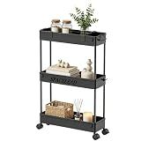 SPACELEAD Slim Storage Cart 3 Tier,Bathroom Organizer Rolling Utility,Mobile Shelving Unit Slide Out for Office, Kitchen, Laundry Room & Narrow Places,Black