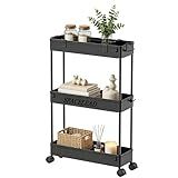 SPACELEAD Slim Storage Cart 3 Tier,Bathroom Organizer Rolling Utility,Mobile Shelving Unit Slide Out for Office, Kitchen, Laundry Room & Narrow Places,Black