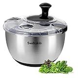 SveBake Stainless Steel Salad Spinner, 4.8 Qt Vegetable Washer, BPA-Free Lettuce Dryer with Crank Design, Dishwasher Safe, Non-Slip Base - Transparent Lid