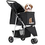 KMFurnila 3 Wheel Pet Stroller for Dogs and Cats, Foldable, Lightweight and Durable, Ideal for Small to Medium Pets, Includes Storage Basket and Cup Holders
