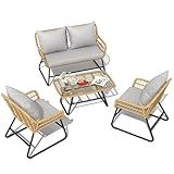 YITAHOME Outdoor Conversation Set 4 Piece, Outdoor Wicker Bistro Set with Removable Cushion, Rattan Patio Loveseat Sets for Garden, Backyard, and Deck,Armchairs, Glass Side Table, Light Gray & Beige