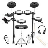 AROMA TDX-18 Electronic Drum Set with 4 Quiet Mesh Drum Pads, 2 Switch Pedal, Portable and Solid Drum Set with, Bluetooth, Drum Throne, Headphones and Sticks