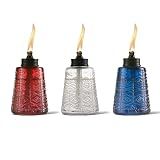TIKI Molded Glass Decorative Tabletop Torches (Set of 3) – Red, White & Blue Outdoor Lighting for Lawn, Patio & Garden | Weather-Resistant | Includes Long-Lasting Wick & Snuffer