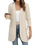 YSYOKOW Women Long Sleeve Open Front Cardigan Casual Lightweight Long Cardigans Loose Knit Outwear with Pockets(Beige, Medium)