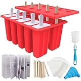 Miaowoof Homemade Popsicle Molds, 10-Cav Non-BPA Silicone Ice Pop Maker, with 50 Sticks, 50 Bags, 10 Reusable Sticks, Funnel, Brush and Ice Pop Recipe (Red)