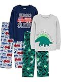 Simple Joys Toddler Boy's 4-Piece Fleece Pajamas Sleepwear, Dino/Firetruck, 4T