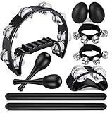 10 Pcs Percussion Tambourine Set for Adults with Exclusive Foot Tambourine - Half Moon Hand Tambourine, Wrist Bells, Egg Shakers, Rhythm Sticks, Maracas for Church, Party, Music Education (Black)