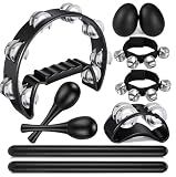 10 Pcs Black Tambourines for Adults - Half Moon Tambourine, Foot Tambourine, Wood Rhythm Sticks, Egg Shakers, Wrist Bells, a Pair Maracas, Musical Percussion Instrument Set for Church,Party