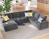 PaPaJet U Shaped Couch, 112 Inch Oversized Corduroy Grey Sectional Sofa with Storage Chaise, 7 Seater, Plush Cushions, Metal Frame