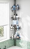 Corner Shower Caddy Tension Pole: Adjustable Rustproof 4-Tier Inside Bathroom Organizer - 47-121 inch Quick Installation Bathtub Shelves for Shampoo Storage - Rod Floor Standing Bath Rack - Black