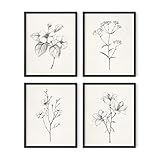 HAUS AND HUES Grey Floral Wall Art - Set of 4 Plant Posters for Wall Vintage, Botanical Prints, Black and White Wall Art Flower Pictures for Room Aesthetic, Farmhouse Bathroom Art (8x10, Unframed)