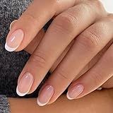 modelones French Tip Press On Nails, Short Oval Fake Nails Press Ons with Nail Glue, Adhesive Tabs, Nail File, Prep Pad, Manicure Stick, 32Pcs 16 Sizes, Nude, Christmas