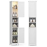 VASAGLE Tall Storage Cabinet with Lights, Slim Freestanding Cabinet with Adjustable Shelves, for Small Spaces, Bathroom, Living Room, Modern, 11.8 Inches Wide, Cloud White UBBC566W02