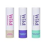 Wild Pack of 3 Aluminum Free Mini Deodorants in Fresh Cotton & Sea Salt, Coconut & Vanilla, Cherry Blossom Scents - 98% Natural Origin Ingredients - Small Size for Vacation & Travel - Plastic Free