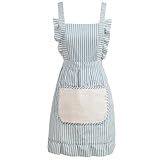 Ftuency Cute Cotton Apron for Women, Adjustable Bib Cooking Kitchen Aprons with Pockets for BBQ Drawing Baking (1, Blue, M)