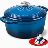 Overmont Enameled Cast Iron Dutch Oven - 5.5QT Pot with Lid Cookbook & Cotton Potholders - Heavy-Duty Cookware for Braising, Stews, Roasting, Sourdough Baking Blue