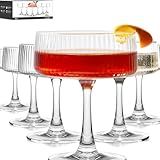 LUNA & MANTHA Coupe Glasses Set of 6, 10oz Ribbed Cocktail Glasses, Vintage Large Martini Glass for Espresso Martini, Margarita, Manhattan, Champagne, Drink Glassware & Gift