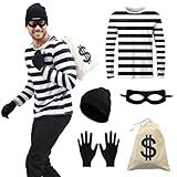 Men Robber Costume, Thief Cosplay T Shirt, Burglar Accessories Halloween Costume Set for Adult (Men, X-Large)