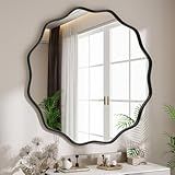 VETROVUE Round Wavy Mirror, 30 Inch Metal Frame Circle Mirror, Round Wall Mounted for Entryway, Bathroom, Vanity, Living Room, Black