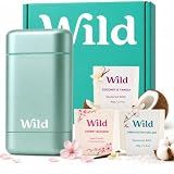 Wild Aluminum Free Natural Deodorant Starter Kit - Refillable Aqua Case - Natural Ingredients & 24 Hour Odor Protection - Women & Men's - Fresh Scents Variety Pack - Case + 3 Refills